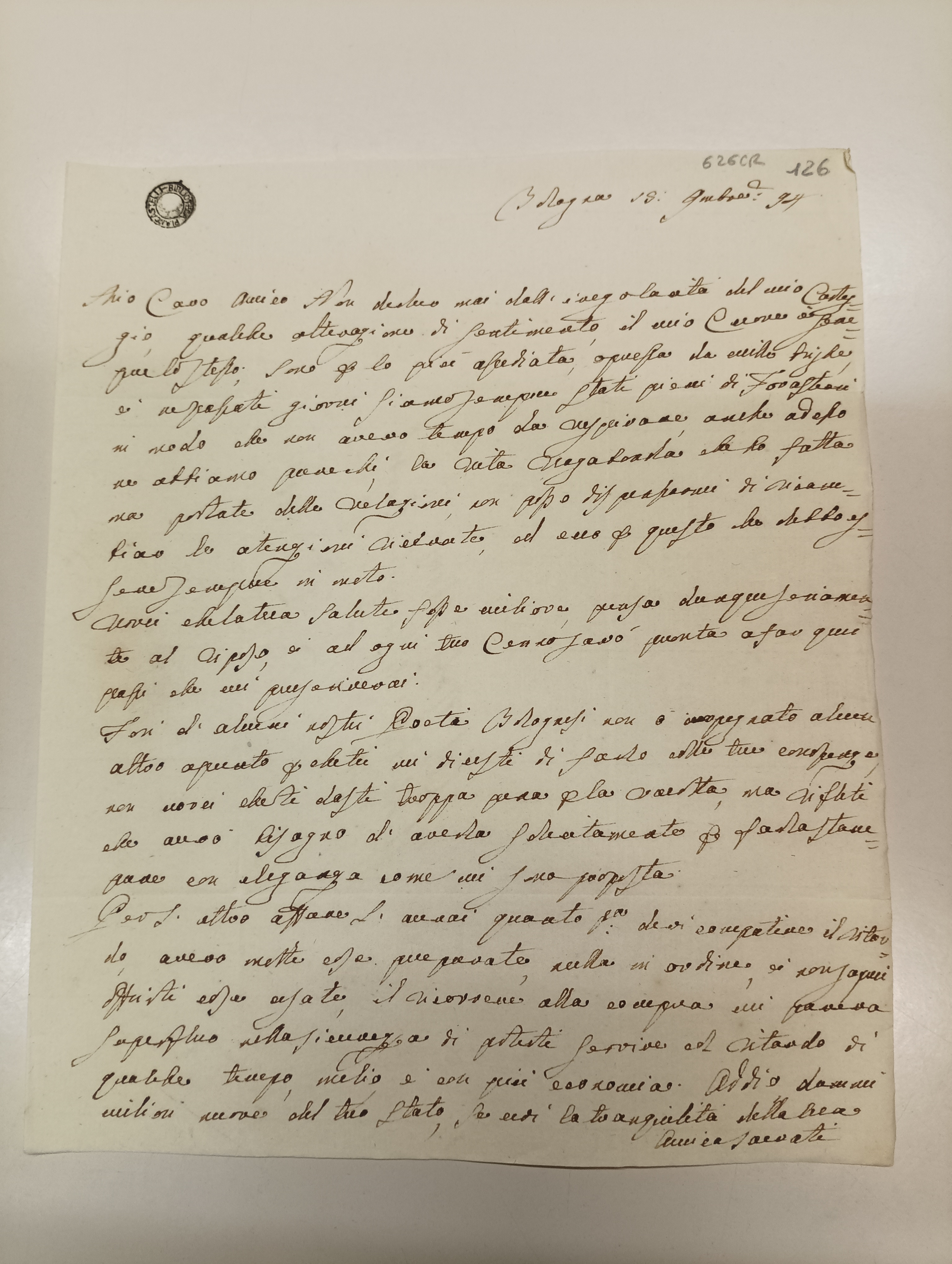 Lettera autografa inviata da Bologna il 18 novembre 1793, che si conclude con la firma di Orintia
